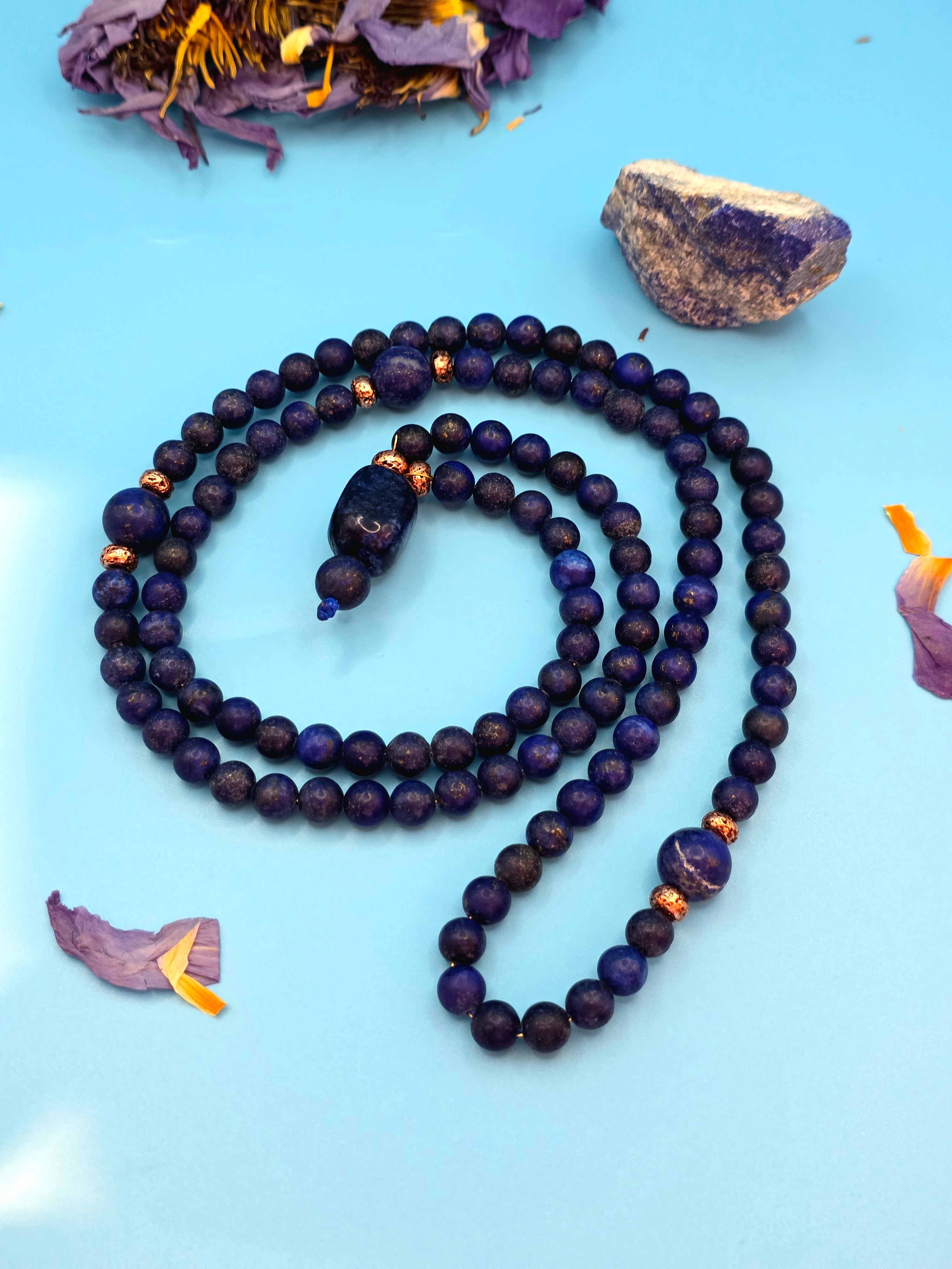 Lapis Lazuli 120-Bead Wisdom Mala copper lined (108 Meditation Beads + Guru) Truth • Enlightenment • Ancient Knowledge