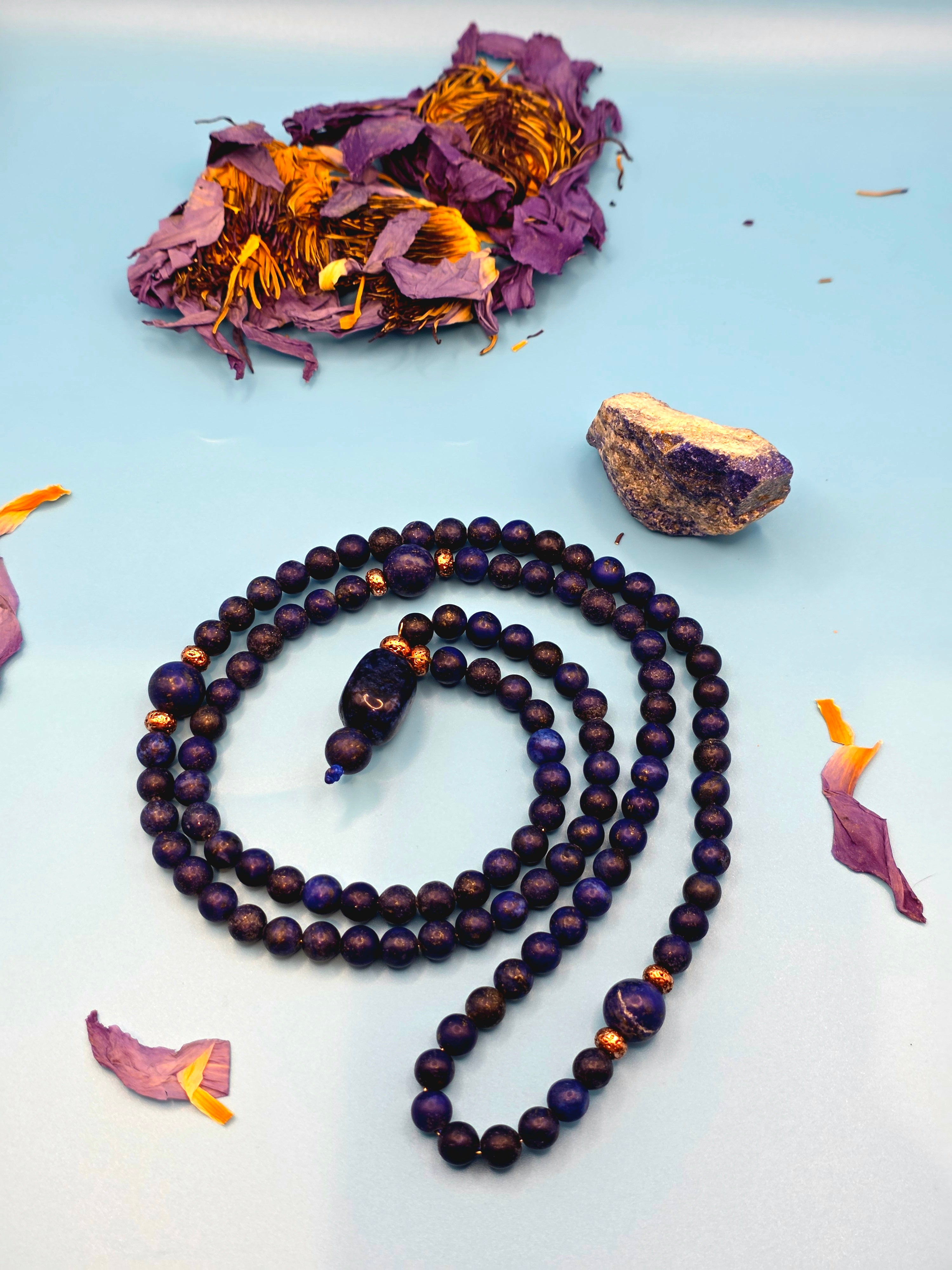 Lapis Lazuli 120-Bead Wisdom Mala copper lined (108 Meditation Beads + Guru) Truth • Enlightenment • Ancient Knowledge