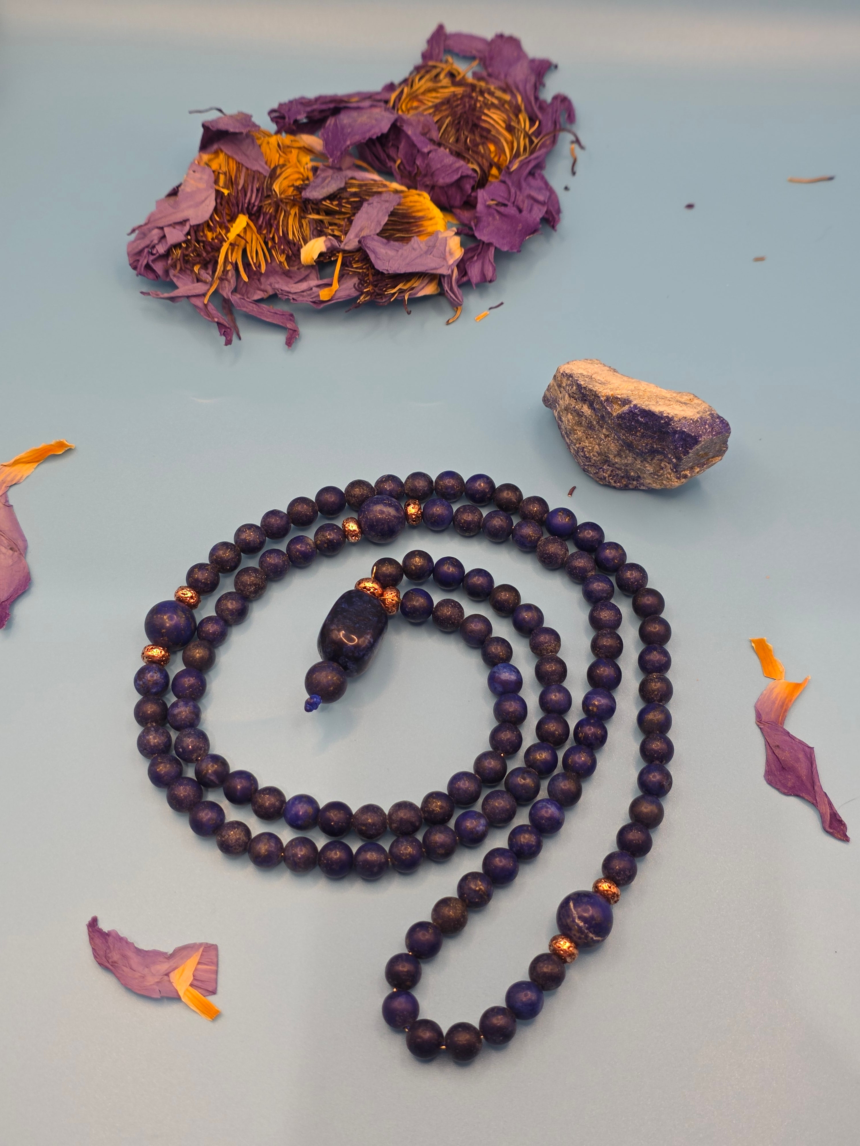 Lapis Lazuli 120-Bead Wisdom Mala copper lined (108 Meditation Beads + Guru) Truth • Enlightenment • Ancient Knowledge