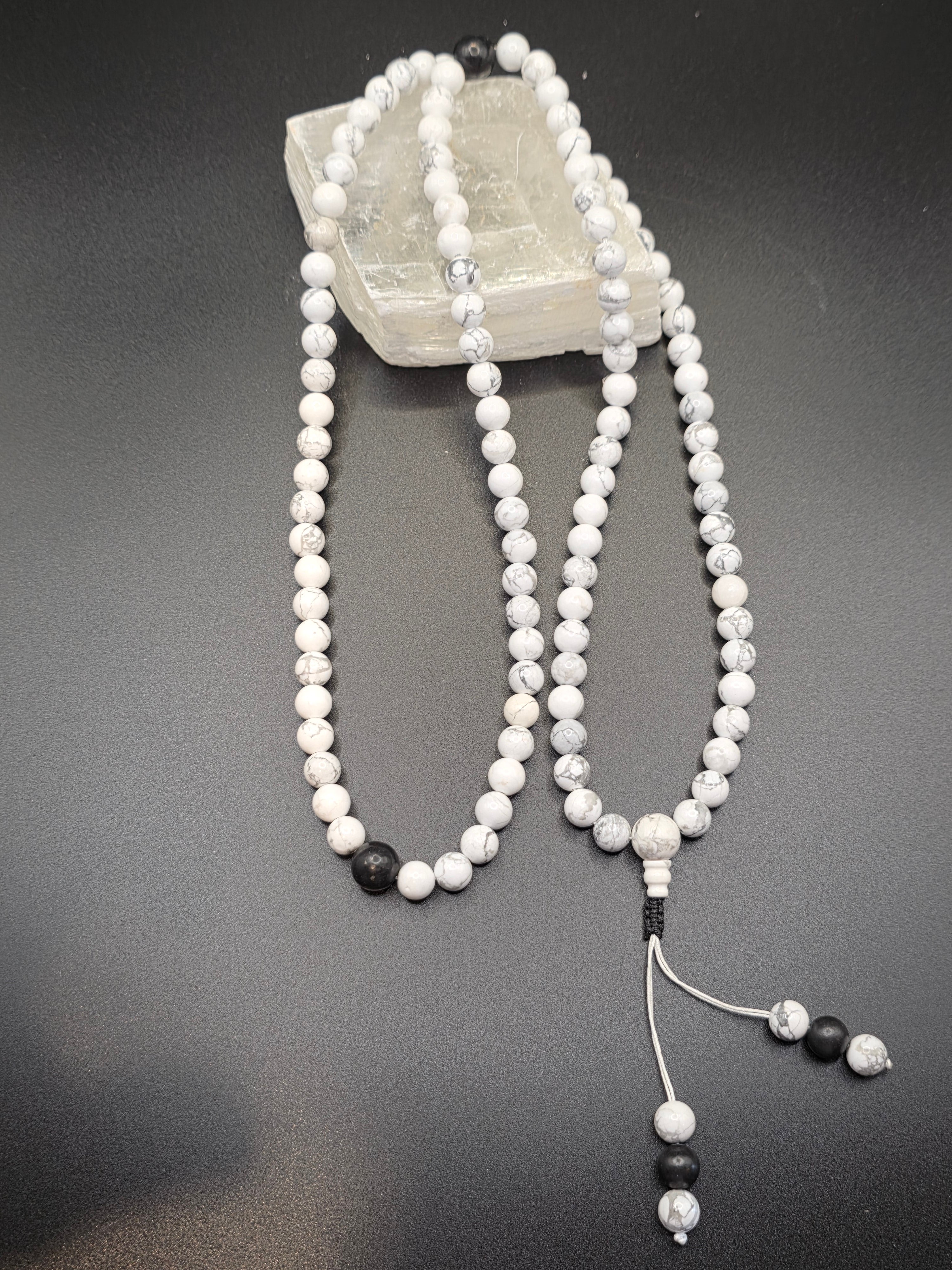 Howlite & Shungite 108-Bead Adjustable Tibetan Mala | Calming • Protection • Mindfulness