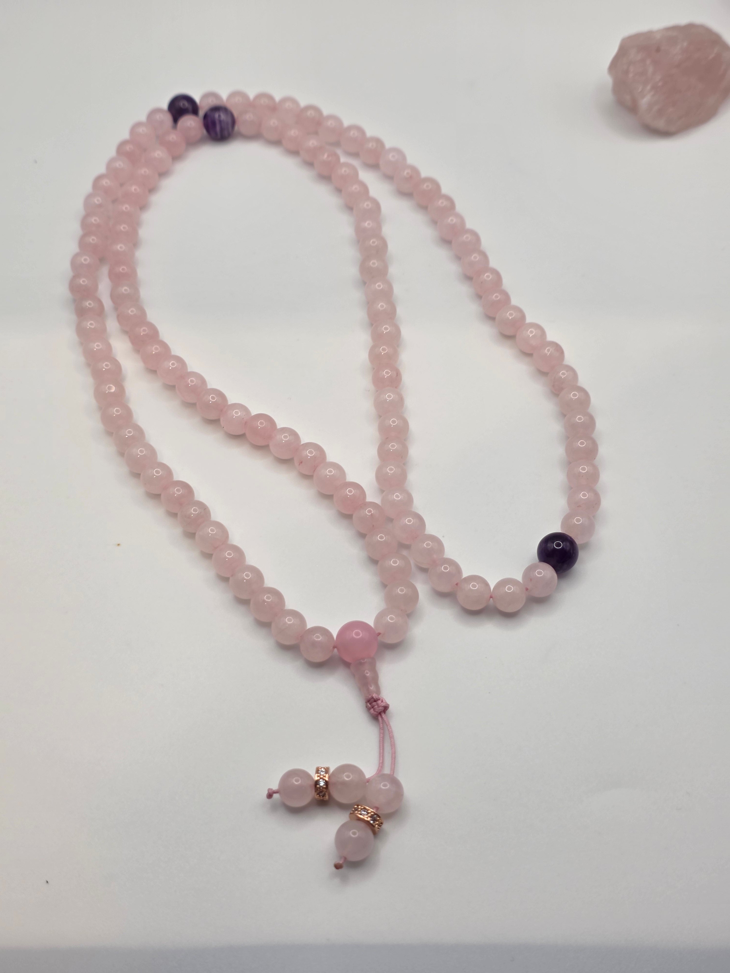 Rose Quartz & Chevron Amethyst 108-Bead Adjustable Tibetan Mala | Devotion • Heart Healing • Sacred Union