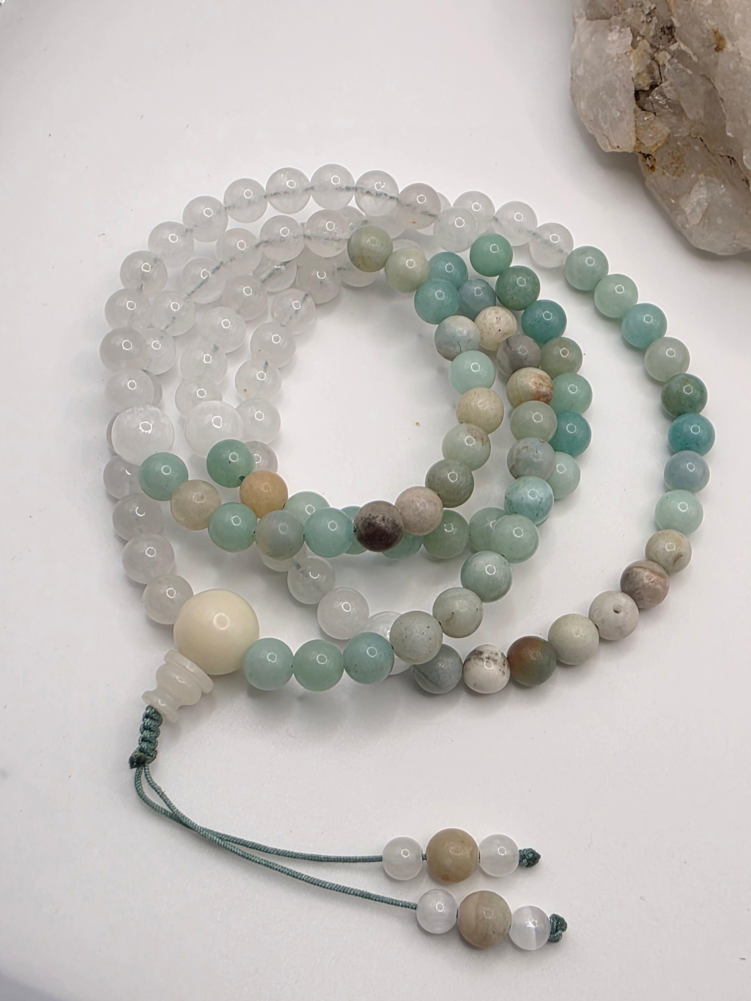 White Jade  Amazonite Adjustable 108-Bead Mala  Calm • Balance • Gentle Communication