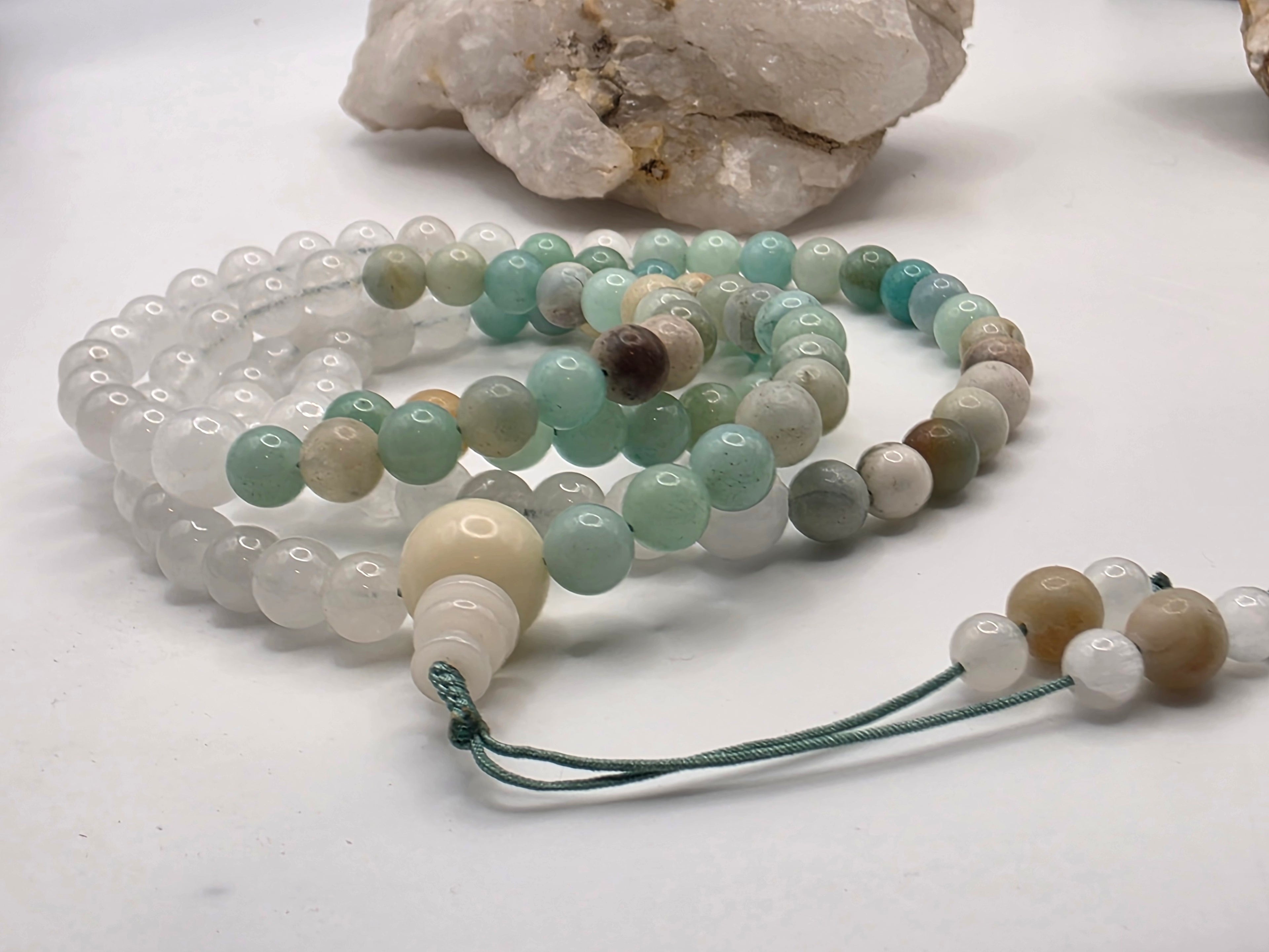White Jade  Amazonite Adjustable 108-Bead Mala  Calm • Balance • Gentle Communication
