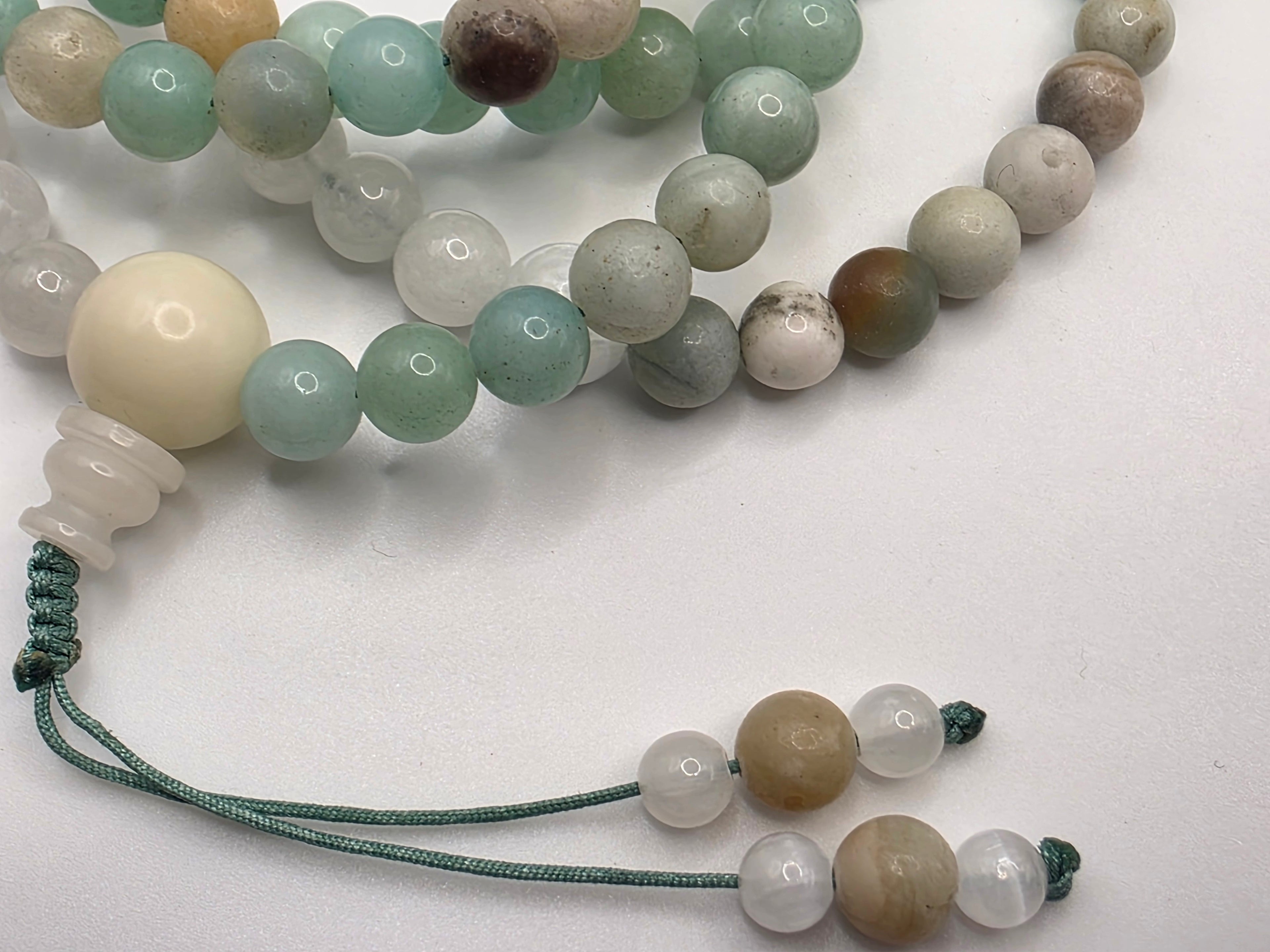 White Jade  Amazonite Adjustable 108-Bead Mala  Calm • Balance • Gentle Communication