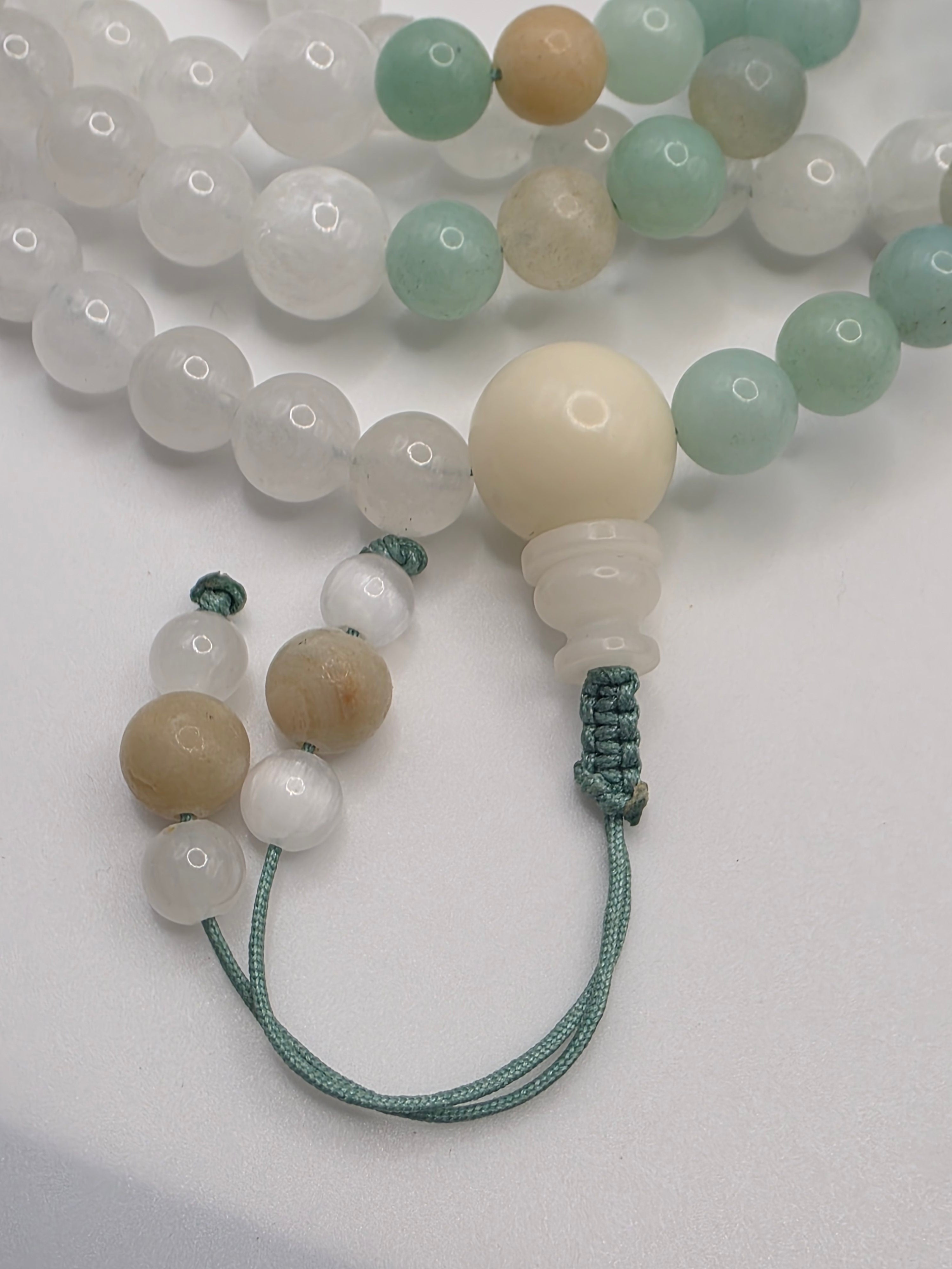 White Jade  Amazonite Adjustable 108-Bead Mala  Calm • Balance • Gentle Communication