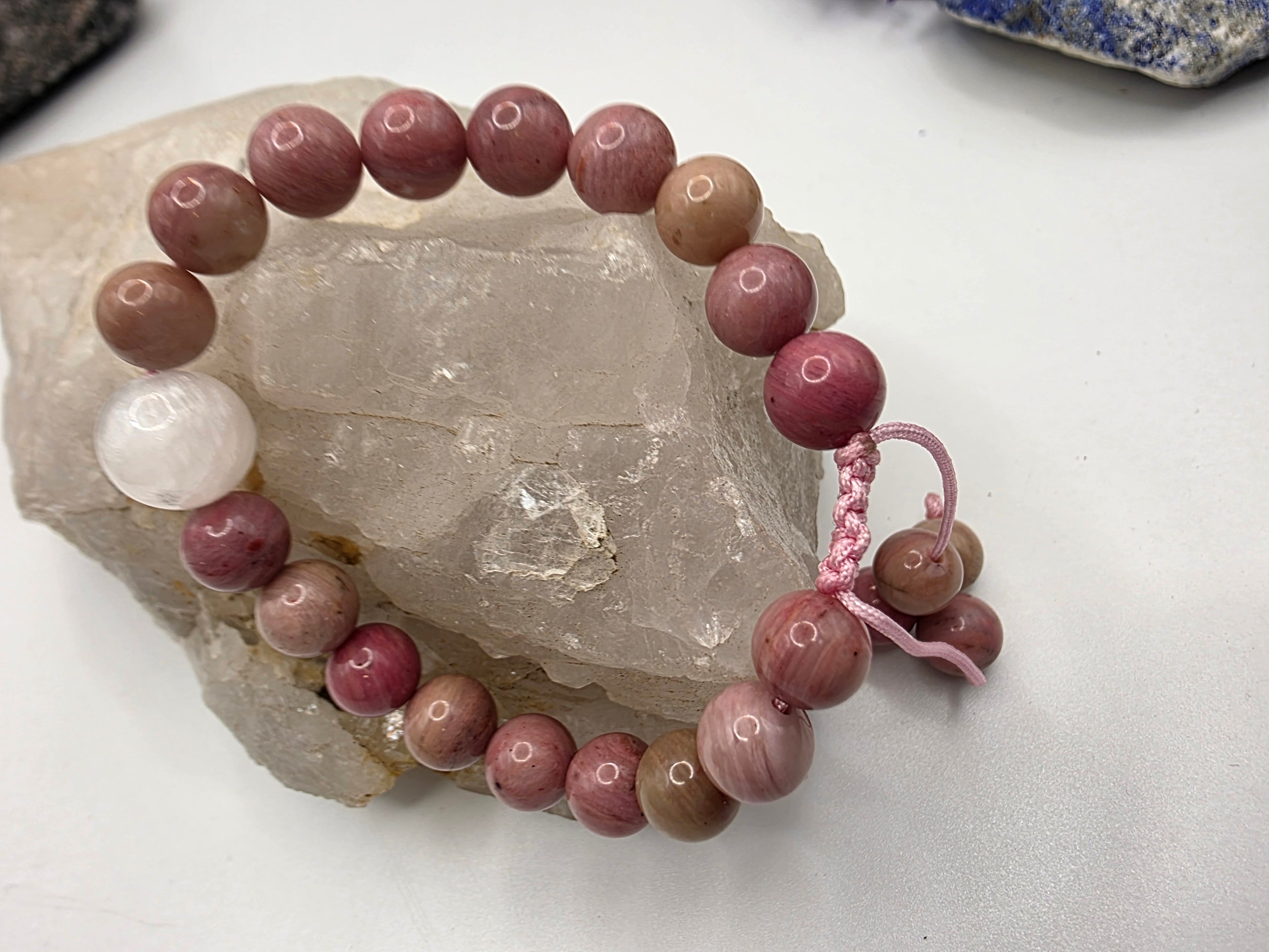 Rhodolite & Selenite Adjustable Bracelet  Heart Strength • Gentle Clarity • Emotional Balance