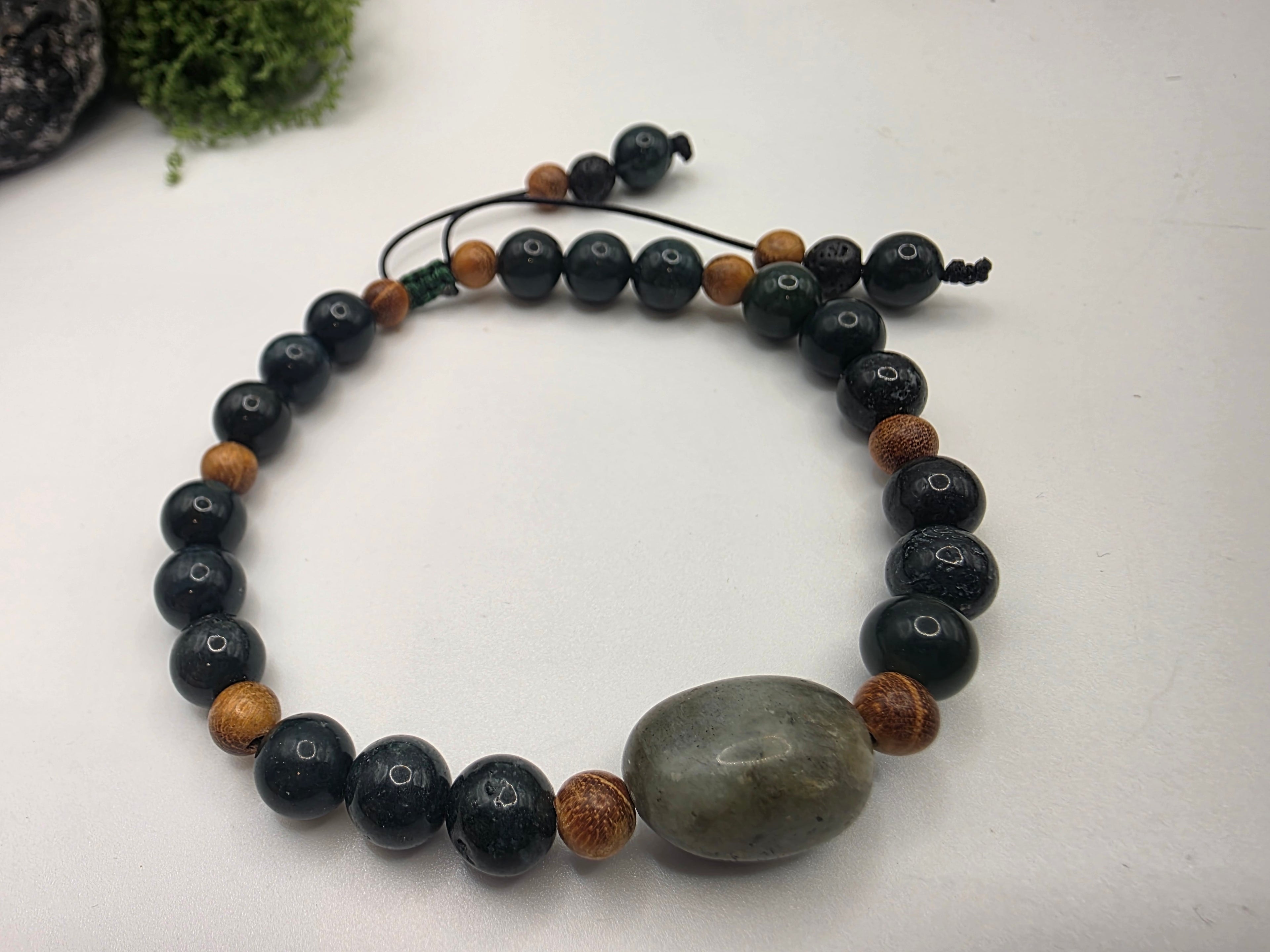 Tree Moss Agate, Sandalwood & Labradorite Adjustable Bracelet  Grounding • Intuition • Earth Balance