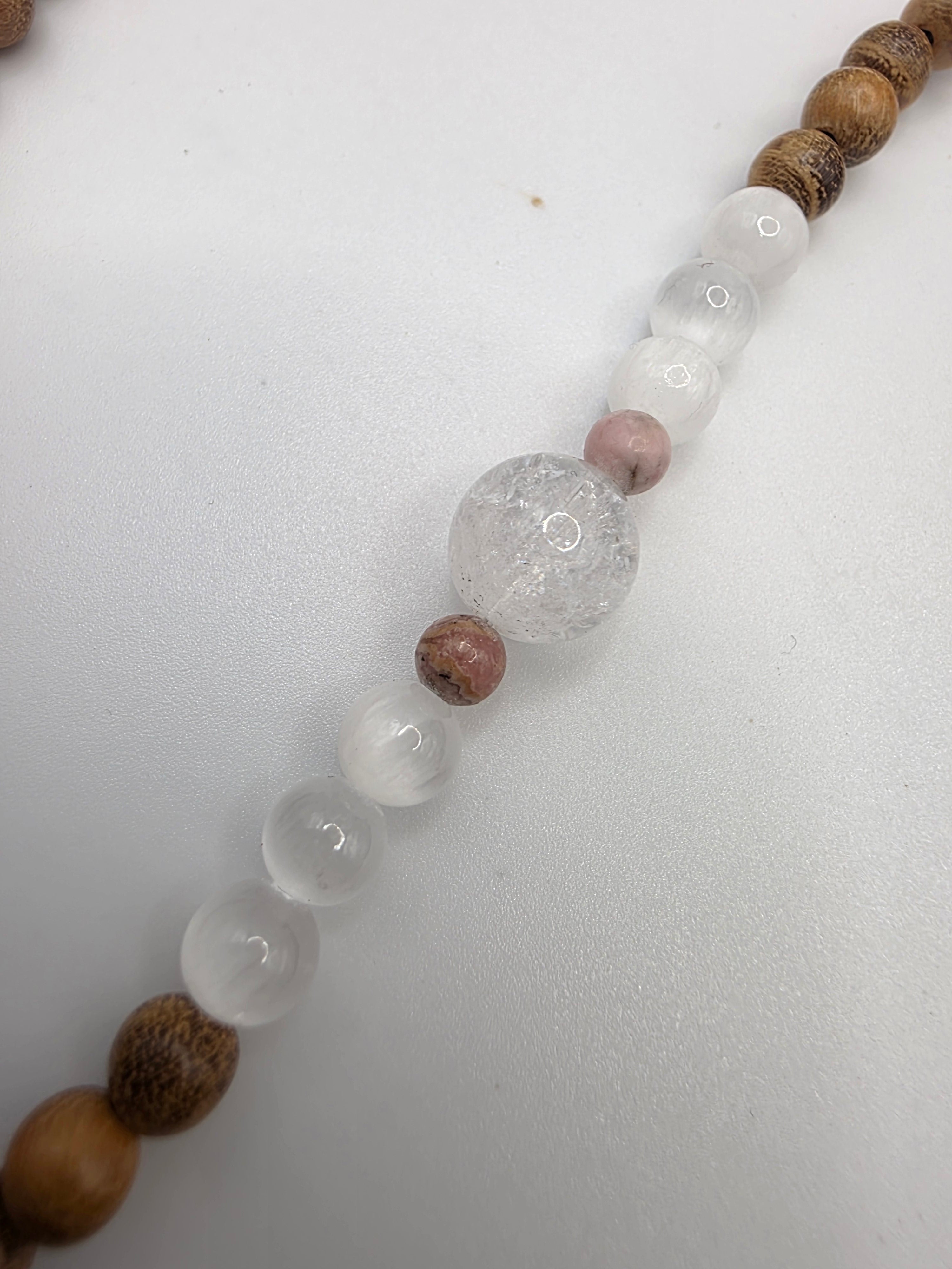 Dainty Sandalwood, Satin Spar & Rhodolite Adjustable Mala  Gentle Heart Support • Clarity • Lightness