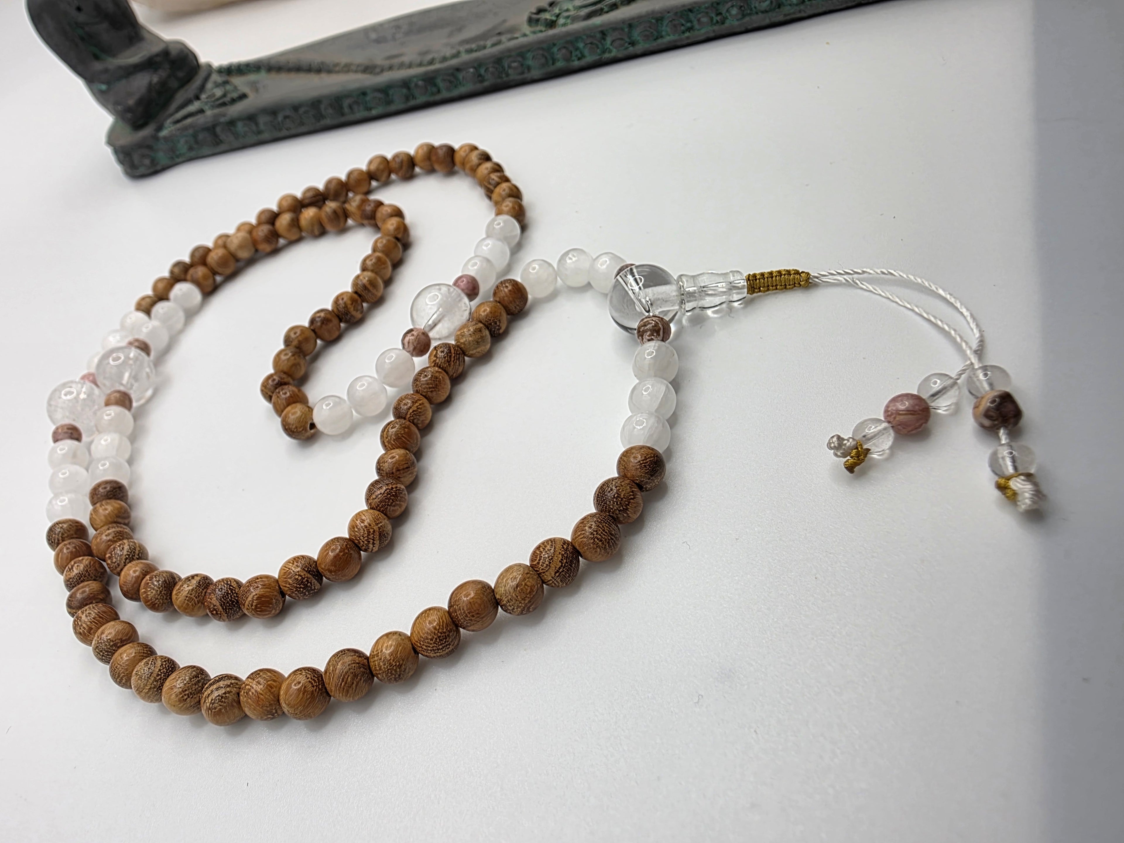 Dainty Sandalwood, Satin Spar & Rhodolite Adjustable Mala  Gentle Heart Support • Clarity • Lightness