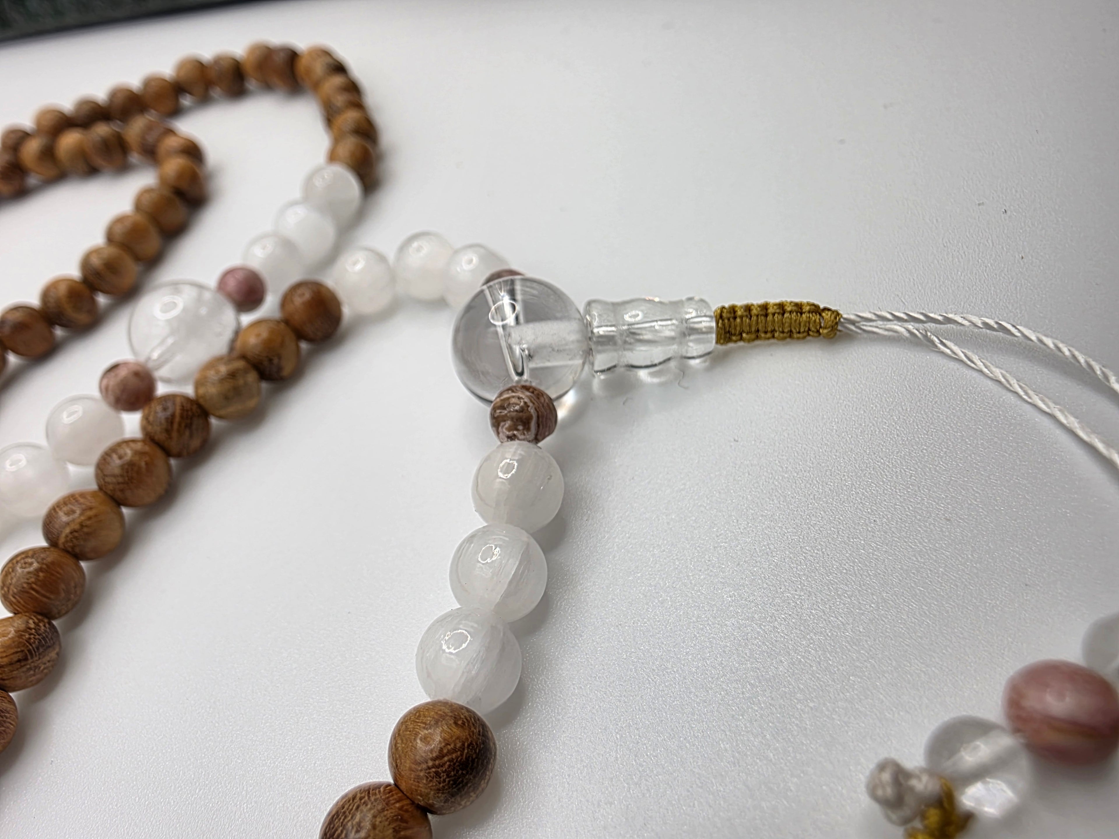 Dainty Sandalwood, Satin Spar & Rhodolite Adjustable Mala  Gentle Heart Support • Clarity • Lightness