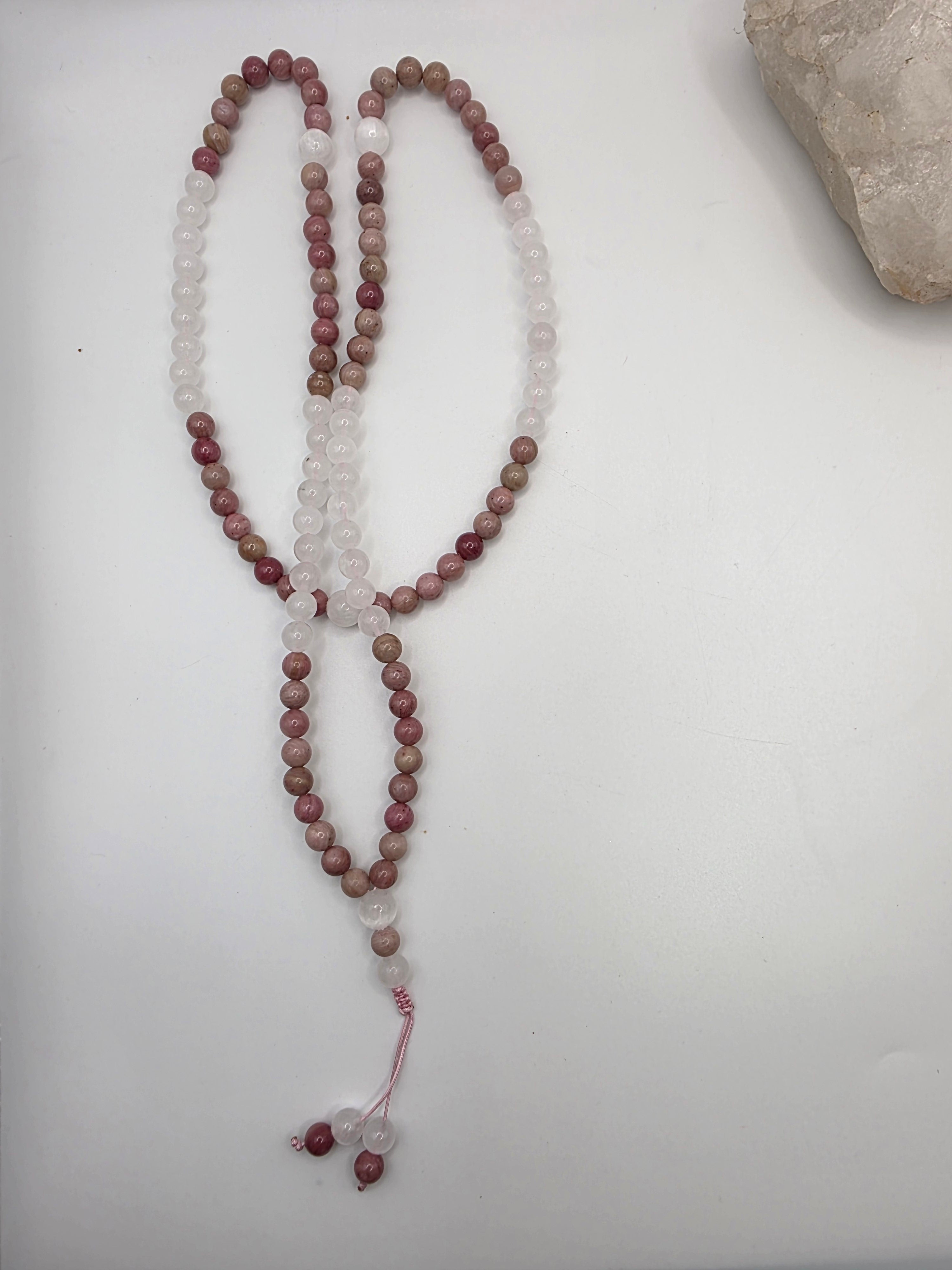 Pink Rhodolite & White Jade 108-Bead Adjustable Mala  Love • Emotional Balance • Gentle Enlightenment
