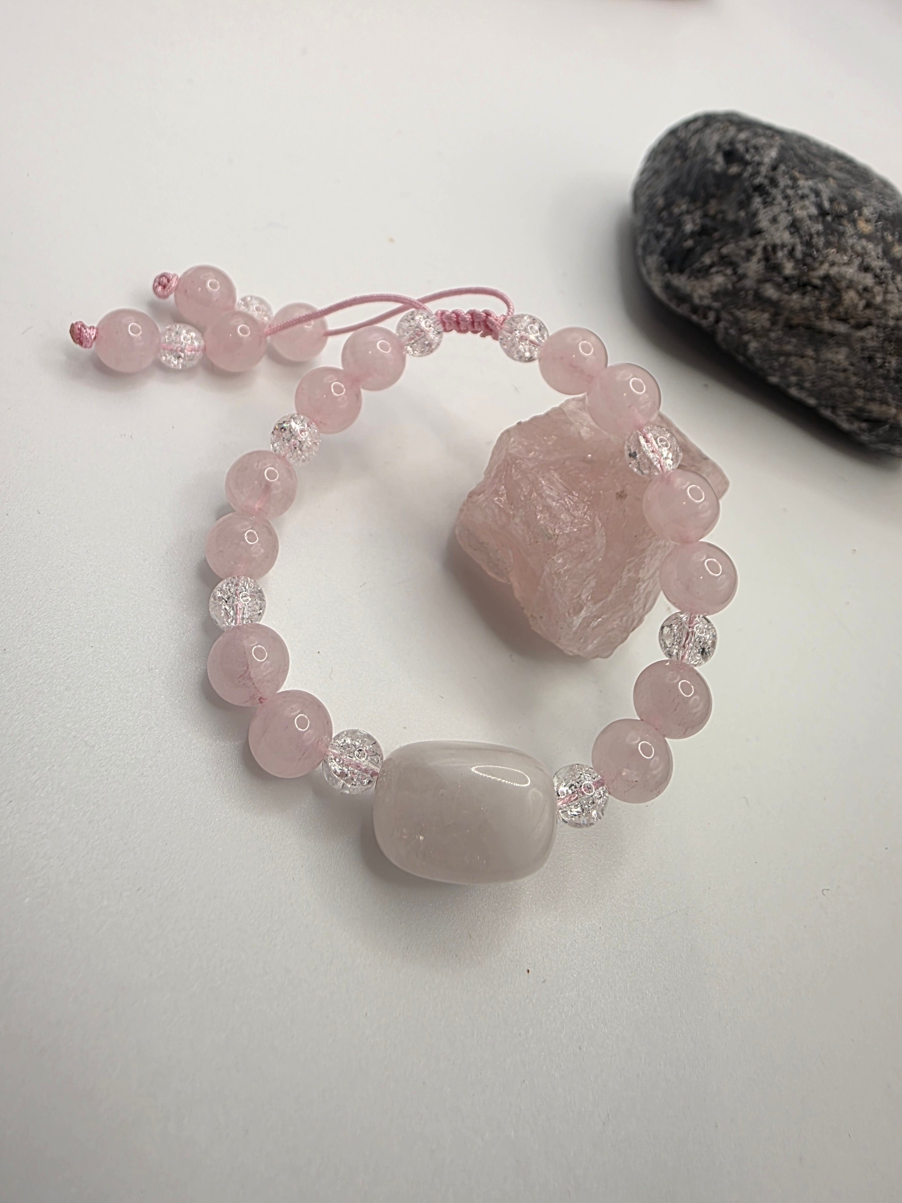 Rose Quartz & Sparkling Clear accent beads Adjustable Bracelet  Love • Soft Clarity • Gentle Radiance