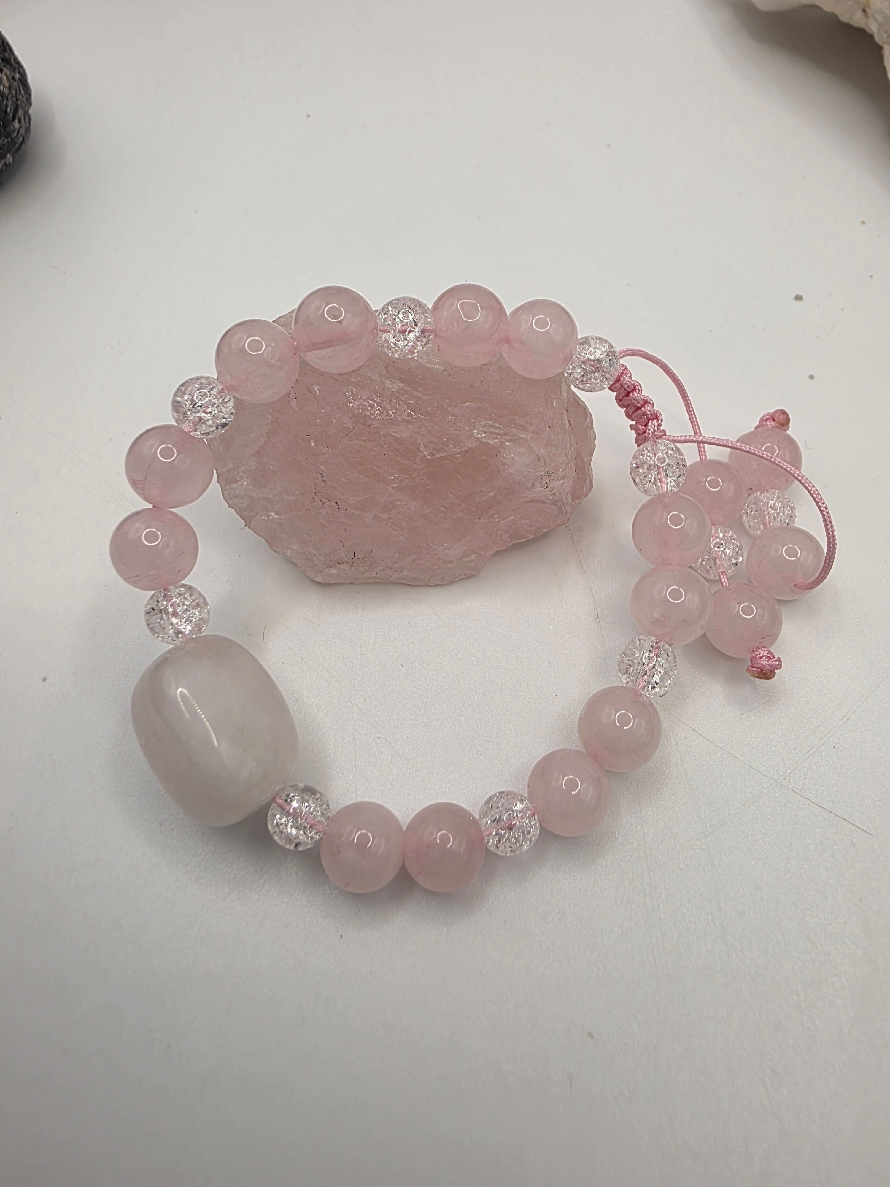 Rose Quartz & Sparkling Clear accent beads Adjustable Bracelet  Love • Soft Clarity • Gentle Radiance
