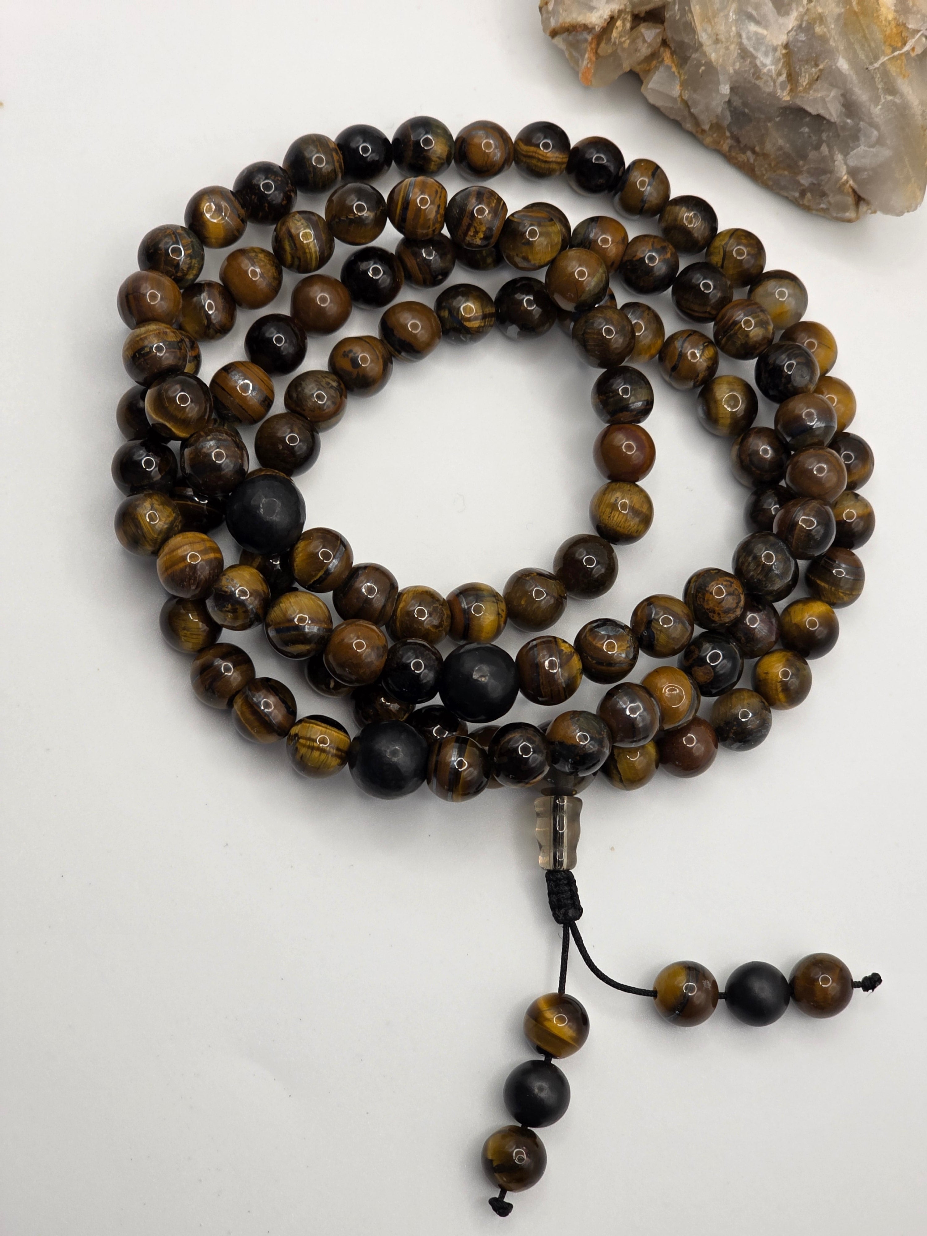 Tiger's Eye and Shungite Adjustable Mala 108-bead  Energetic Focus: Confidence, grounding, protection.
