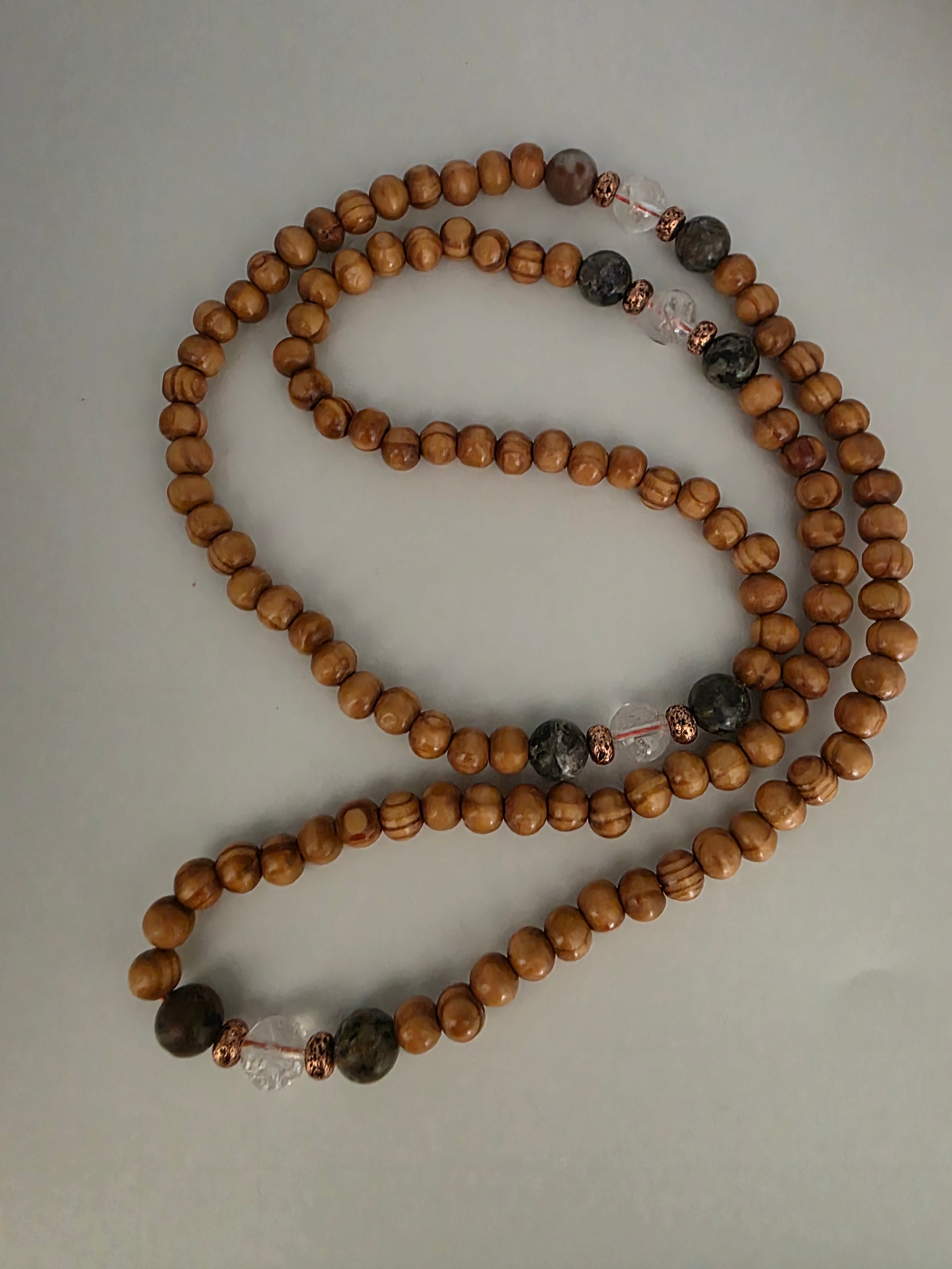 Oiled pine bead,Yooperlite & Clear Quartz Guru 108.Bead Fixed Mala | Lightweight • Elevation • Energetic Amplification