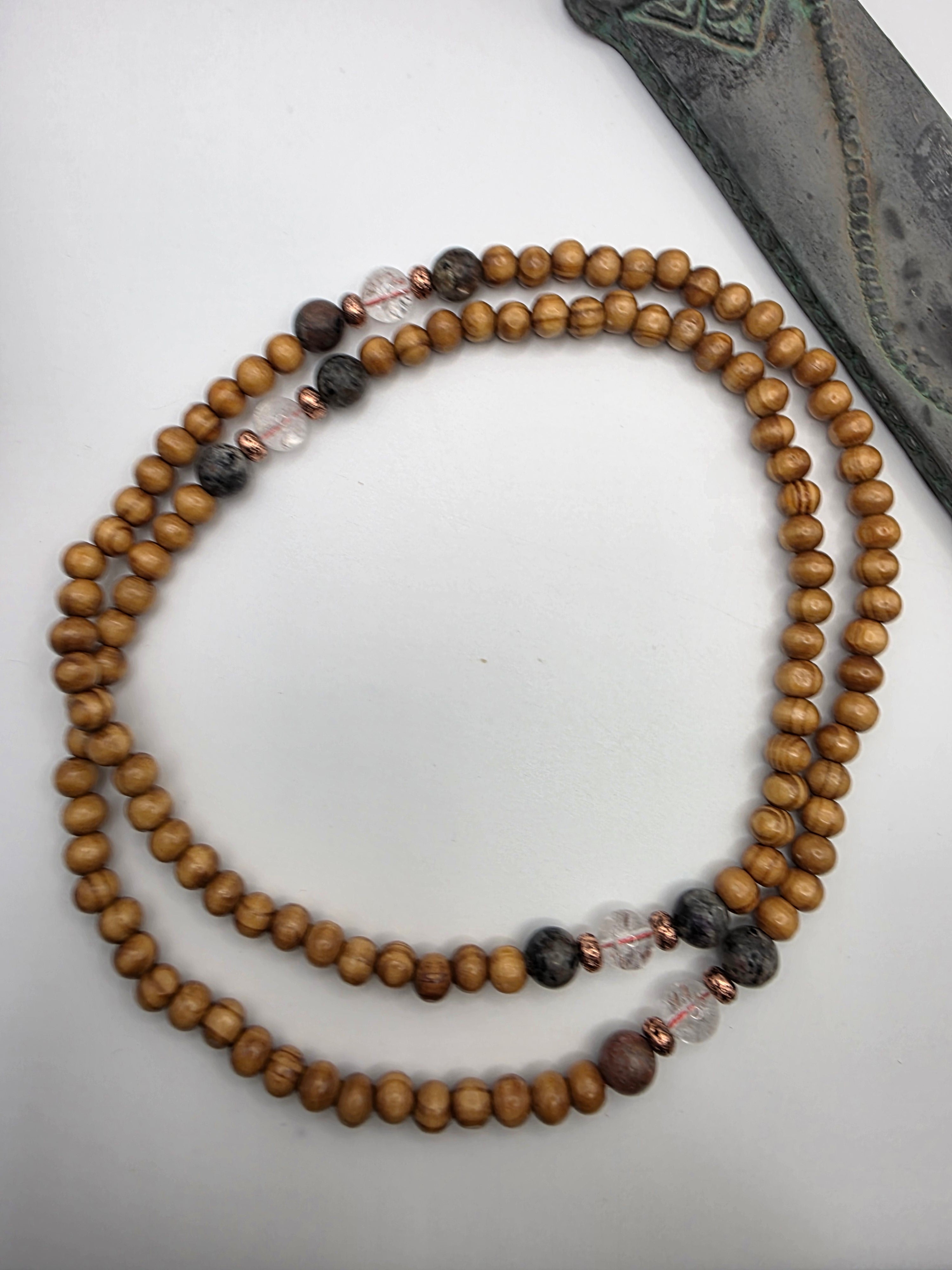 Oiled pine bead,Yooperlite & Clear Quartz Guru 108.Bead Fixed Mala | Lightweight • Elevation • Energetic Amplification