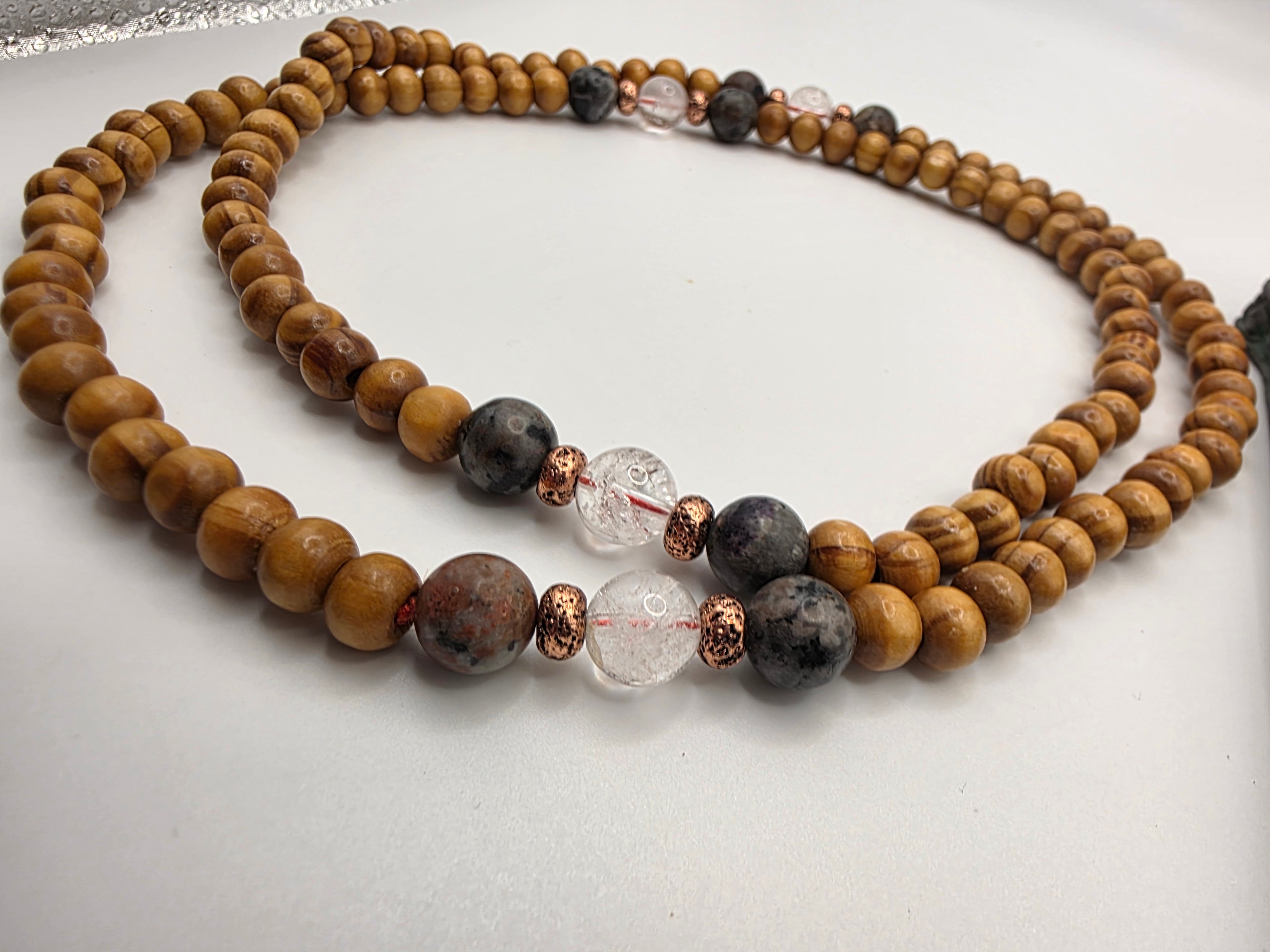 Oiled pine bead,Yooperlite & Clear Quartz Guru 108.Bead Fixed Mala | Lightweight • Elevation • Energetic Amplification
