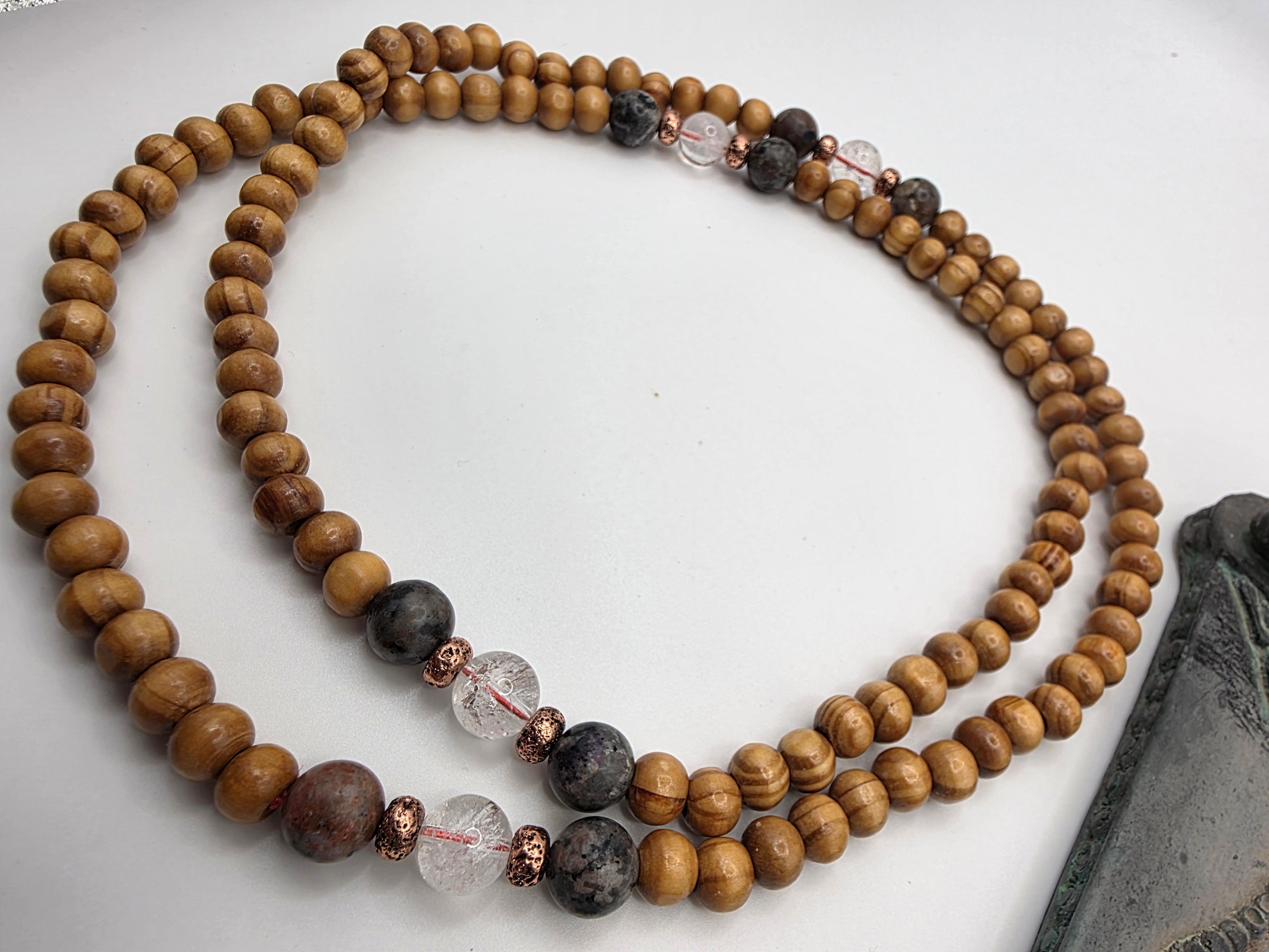 Oiled pine bead,Yooperlite & Clear Quartz Guru 108.Bead Fixed Mala | Lightweight • Elevation • Energetic Amplification