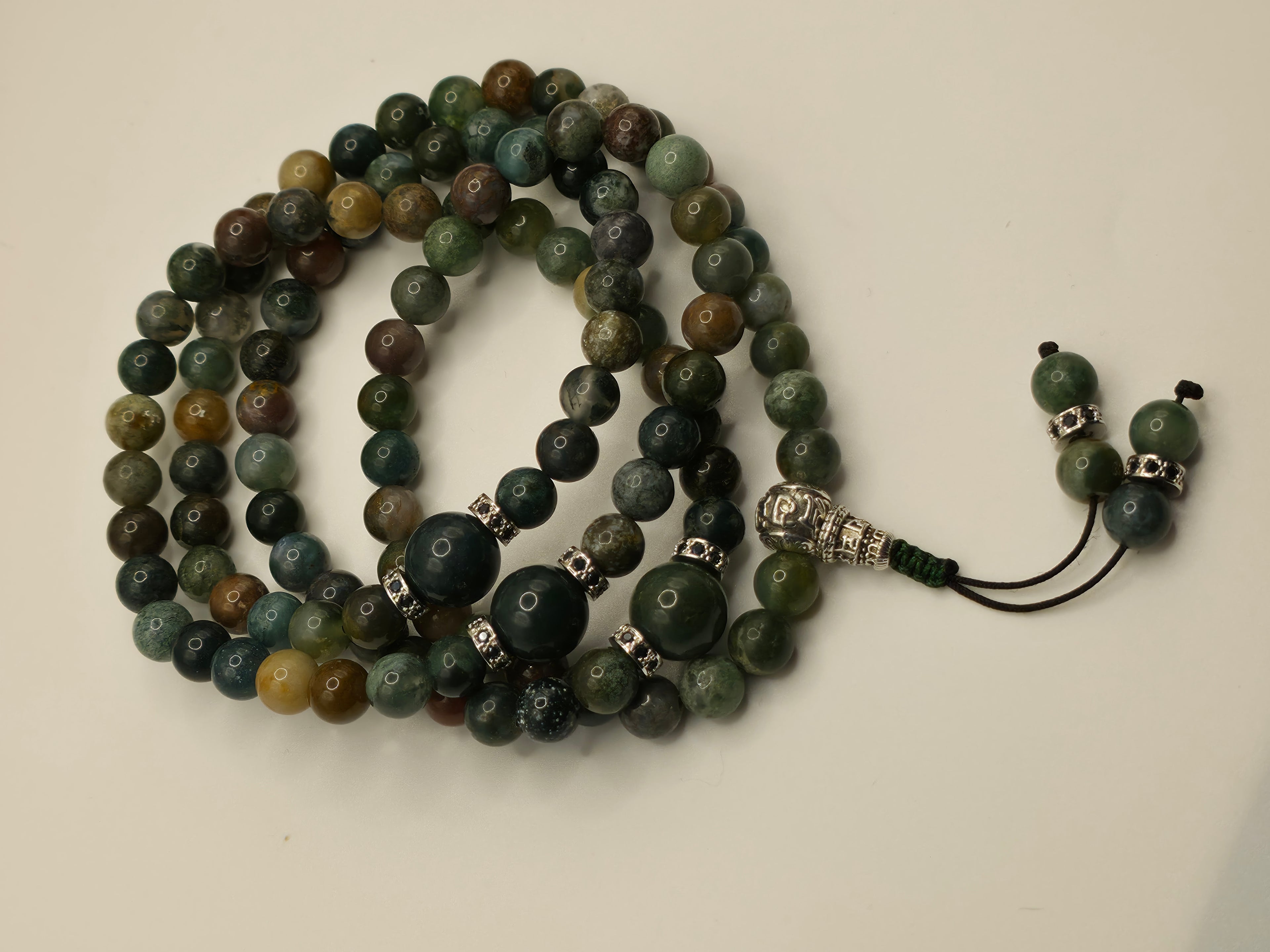 Indian Agate & Moss Agate 108-Bead Adjustable Tibetan Mala | Grounding • Protection • Heart Chakra