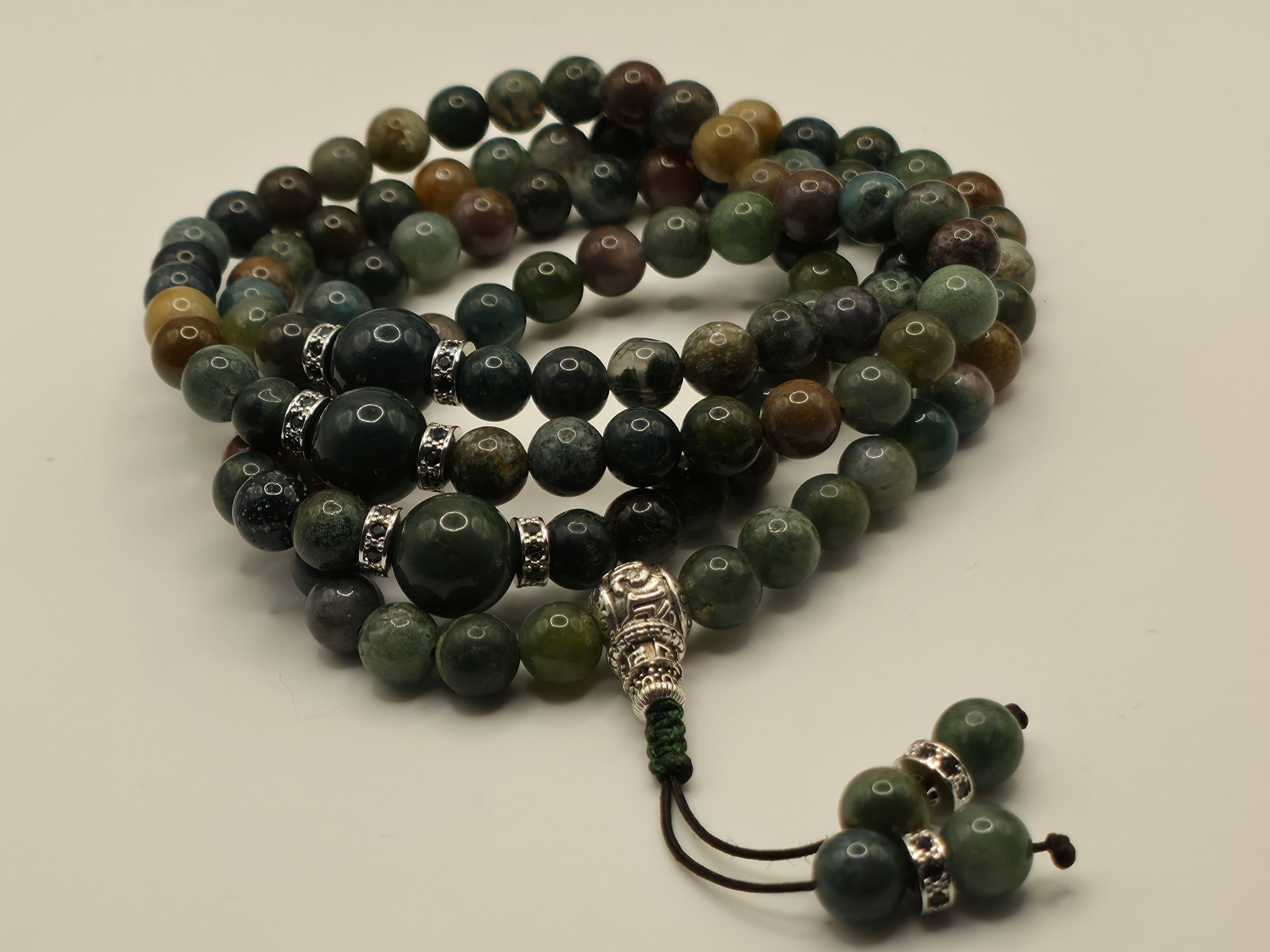 Indian Agate & Moss Agate 108-Bead Adjustable Tibetan Mala | Grounding • Protection • Heart Chakra