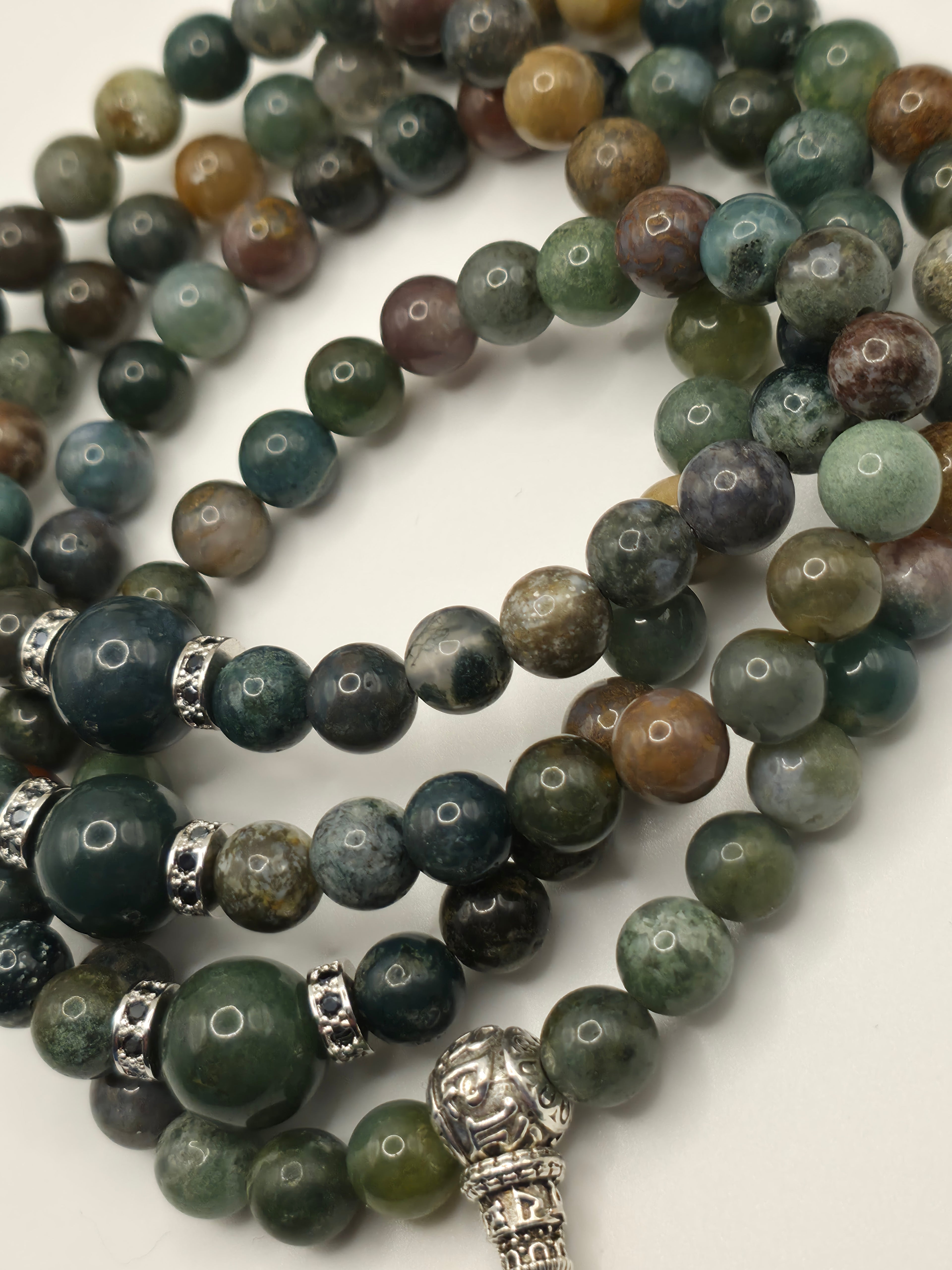 Indian Agate & Moss Agate 108-Bead Adjustable Tibetan Mala | Grounding • Protection • Heart Chakra