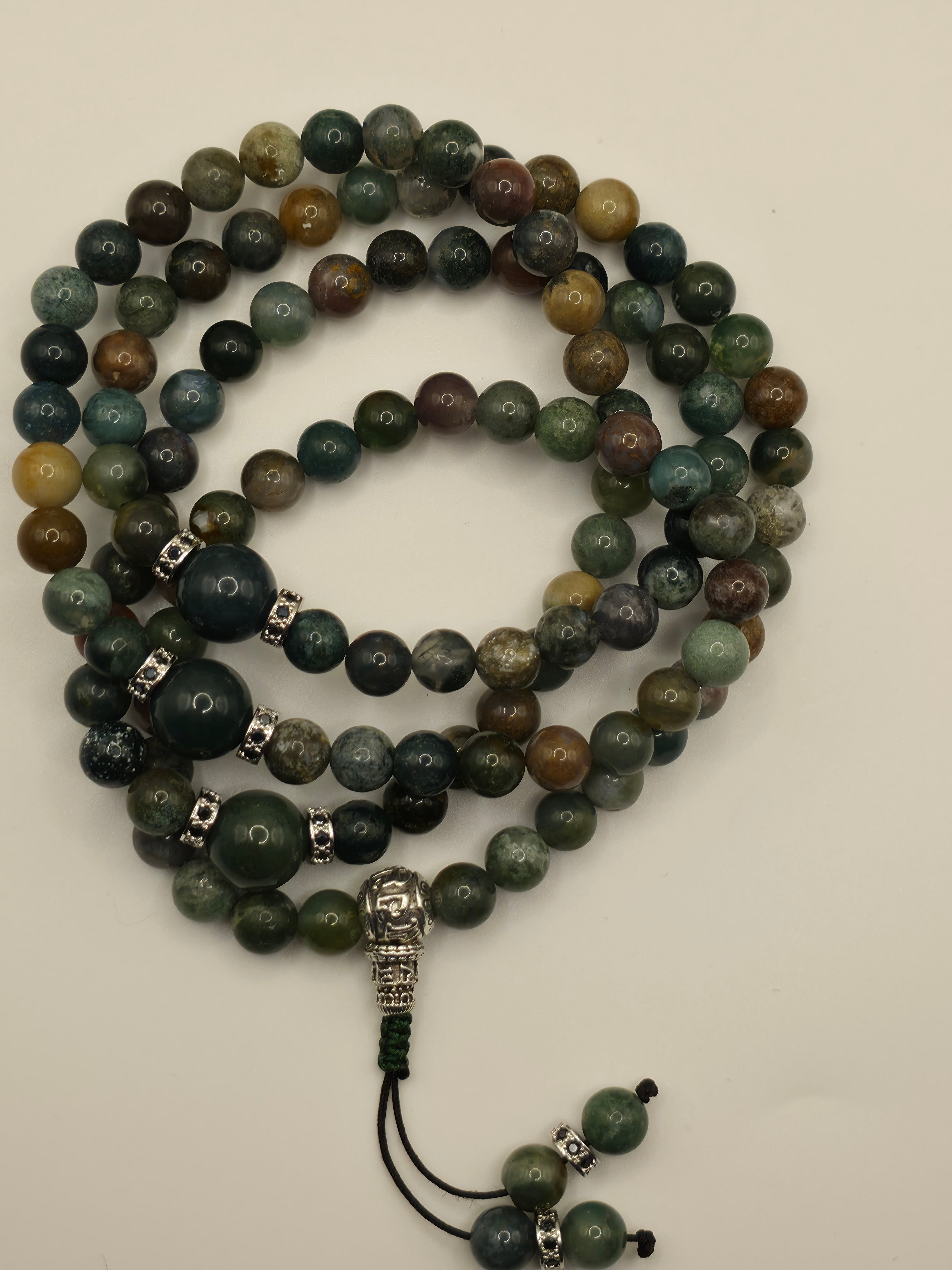 Indian Agate & Moss Agate 108-Bead Adjustable Tibetan Mala | Grounding • Protection • Heart Chakra