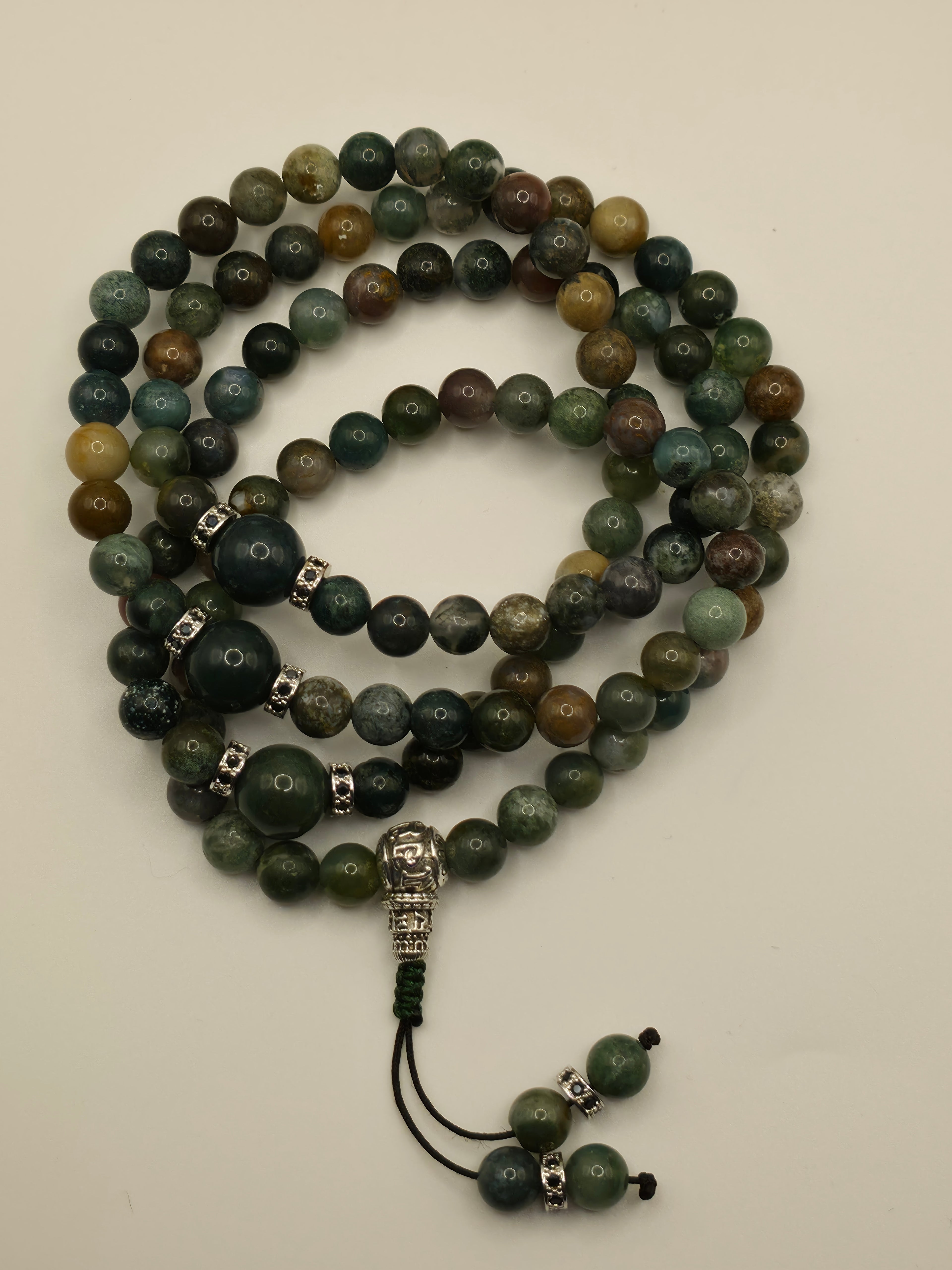 Indian Agate & Moss Agate 108-Bead Adjustable Tibetan Mala | Grounding • Protection • Heart Chakra